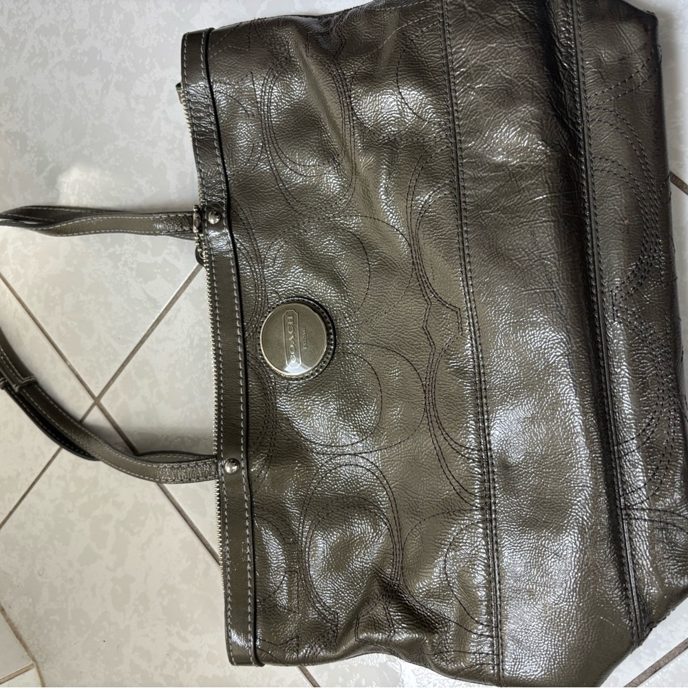 Coach Chic sage green classic coach print Leather deep Tote Bag